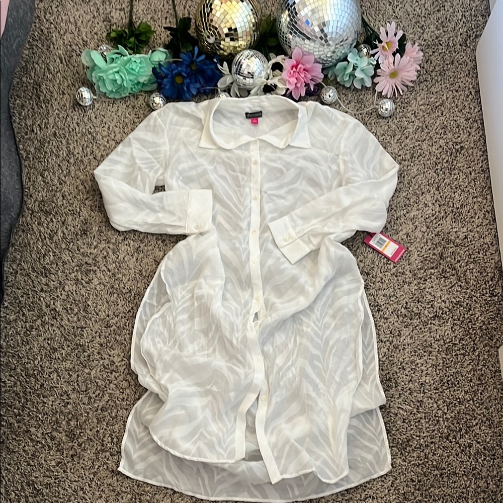 Vince Camuto White Sheer Duster Kimono Button Down Blouse Small